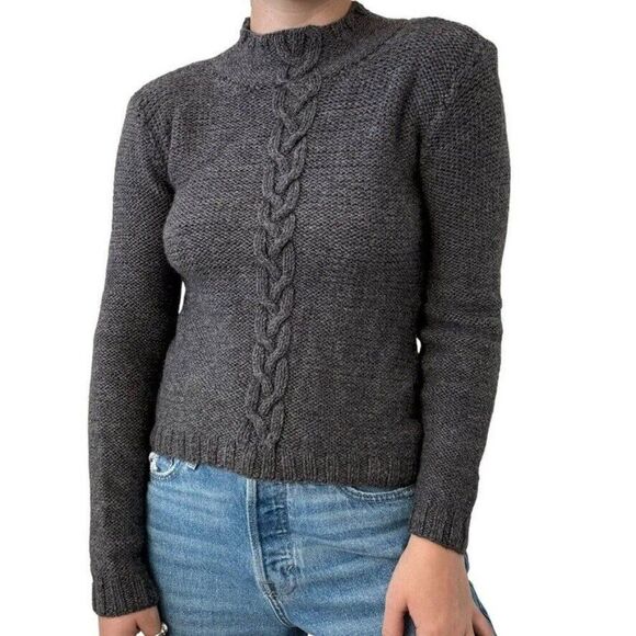 Vintage Womens Hand Knit Gray Cable Chunky 100% Wool Sweater Sz S - Picture 4 of 7